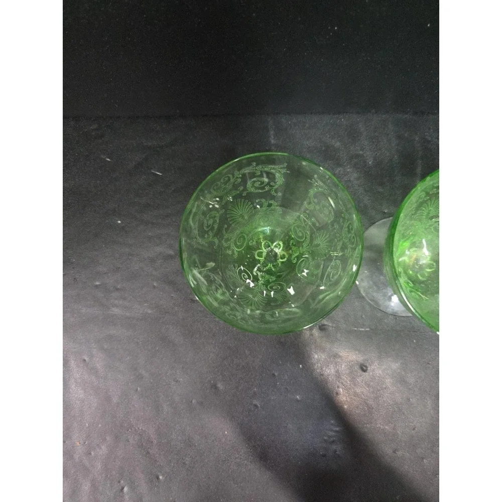 Fostoria Versailles Etched‎ Cocktail Glasses, Set of 2, Vtg Footed Uranium Glass